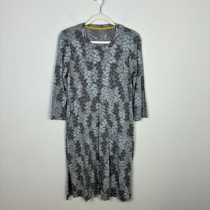 Gudrun Sjoden 3/4 Sleeve Midi Dress Women's S Grey Leaf Print Pockets Stretchy